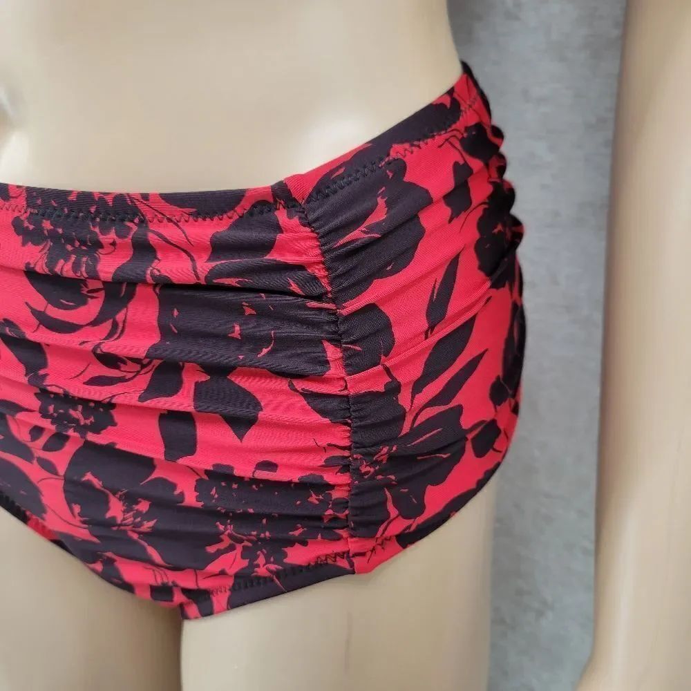 Jantzen Vintage 90s Red and Black Floral Bikini Set Swimsuit Ruched - Picture 5 of 16